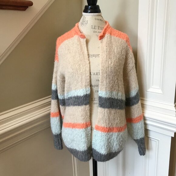 Anthropologie Sita Murt Cardigan Sweater Womens 38 Medium Cream Gray Stripe Knit - Picture 2 of 11